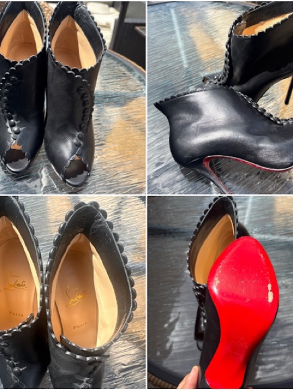Christian Louboutin Black Leather Scalloped Peep-Toe Booties - Black